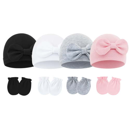 Happy Cherry Baby Girls Cotton Hats Mittens Set Newborn Hospital Cap Infant Beanie Cap Preemie No Scratch Gloves for 0-6 Months