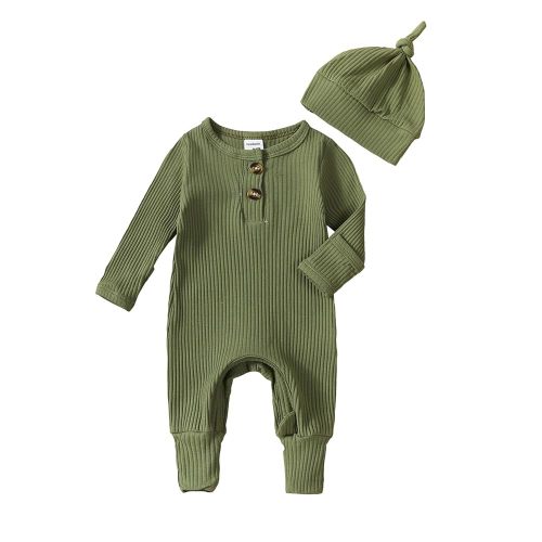 Neutral Baby Clothes Newborn Girl Boy Coming Home From Hospital Outfit Cute Ribbed Knit One-Piece Romper Jumpsuit Hat