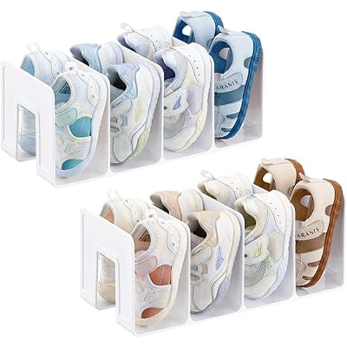HBlife White Acrylic Kids Shoe Rack for Closet Organizers and Storage, Small Shoe Rack 4 Sections Toddler Baby Shoe Storage Organizer Stackable Shoe Shelf,Desk File Sorter Book Purse Organizer(2 Pack)