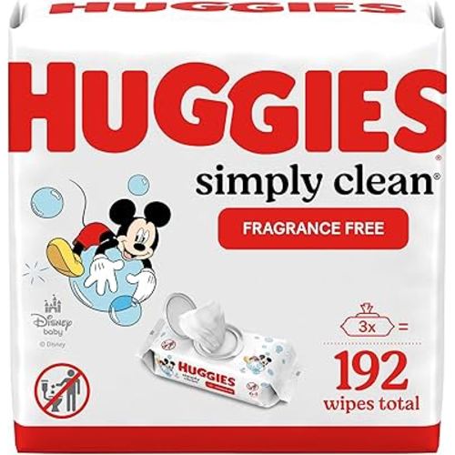 Huggies Simply Clean Fragrance-Free Baby Wipes, Unscented Diaper Wipes, 3 Flip-Top Packs (192 Wipes Total)