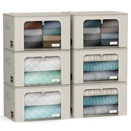 Sorbus 6 Pack Medium Foldable Storage Box - Metal Frame, Oxford Fabric, Large Window & Handles - Organization for Bedroom, Linens & Clothes