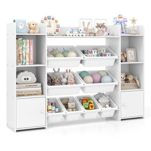Tangkula 56" Large Toy Storage Organizer 4-Tier Kids Cubby Shelf with 8 Removable Bins and Bookshelf