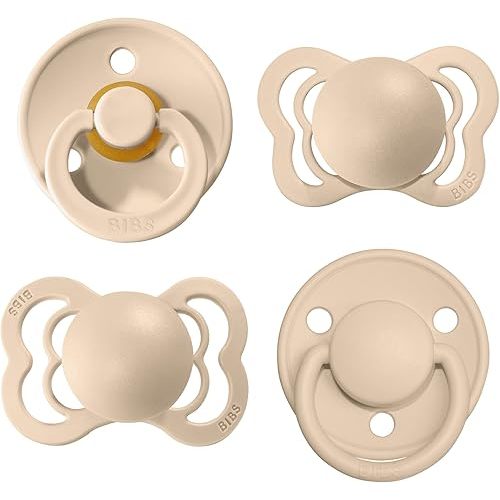 BIBS Try-It Collection | 4-Pack Soothers | BPA-Free Round, Anatomical & Symmetrical Nipple | Natural Rubber Latex/Silicone | Made in Denmark | 0-6 Months | Vanilla
