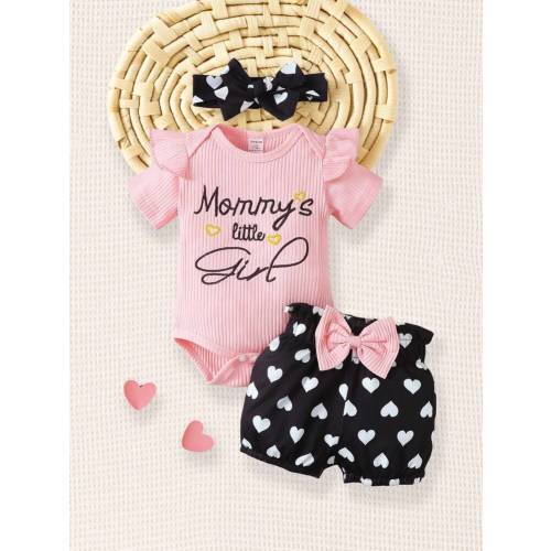 SHEIN 3pcs/Set Baby Girls' Cute Spring & Autumn Casual Round Neck Jumpsuit With Slogan Embroidery, Heart Print Shorts And Headband | SHEIN USA