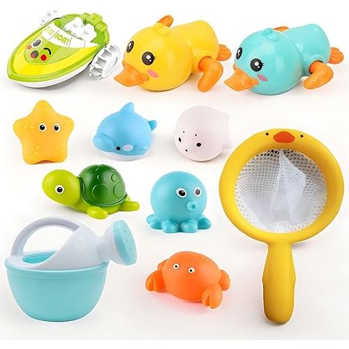 Bath Toys for Babies 0-6-12 Months+, No Hole Ocean Animal Bath Toys for Kids Ages 1-3, Wind-up Ducks Amphibious Boat Floating Pool Toys, Fishing Net Water Toys Watering Can Bath Toys for Toddlers