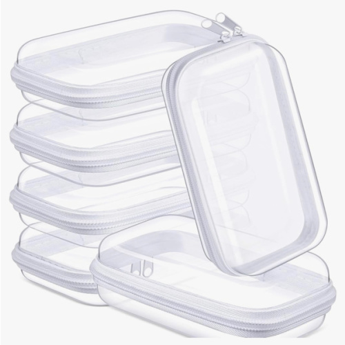 Sanwuta 6 Pcs Clear Hard Zipper Case Plastic Zipper Pouches Transparent Makeup Bag Pencil Case Pouches Toiletry Diaper Bag for Travel Toy Storage Organizer Bins(White,7.48 x 3.94 x 2 Inch)