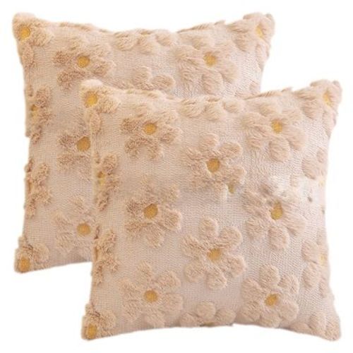 REGALWOVEN Daisy Flower Farmhouse Soft Modern Throw Pillow Covers for Sofa Holliday Home Decor 18 x 18 Inch 2 Pcs Khaki