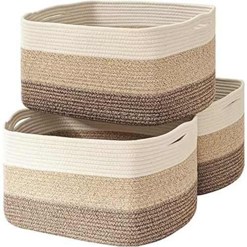 ICERZCZ Large Storage Baskets for Organizing Shelves, Woven Cotton Rope Bins for Baby Nursery Organization, Book Toy Towel Organizer, 17"x13"x9.5", 3 Packs, Gradient Brown