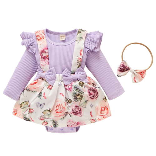 RMGVDSD Newborn Baby Girl Clothes Ruffle Floral Romper Suspender Dress Long Sleeve Ribbed Jumpsuit With Headband Cute Infant Clothing 0-3 Months