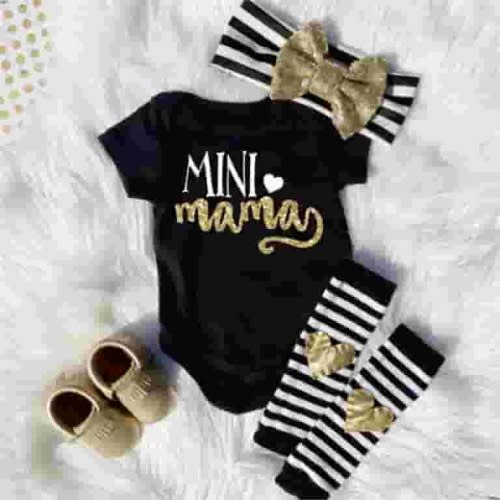 IZhansean Newborn Infant Baby Girls Clothes Mini Mama Short Sleeve Romper+Leg Warmers+Headband Set Black 0-6 Months