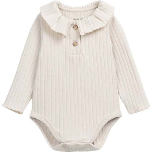 Ribbed Flutter Collar 2-Neck Button Long Sleeve Snap Onesie, Cream - Play Up | Maisonette
