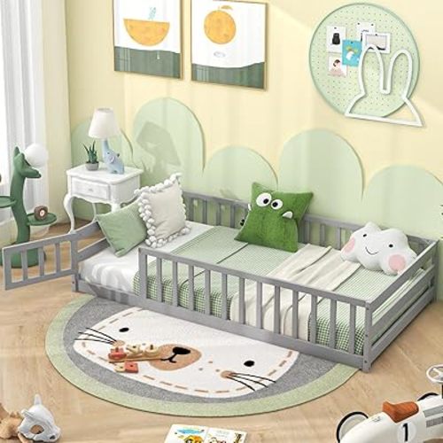 Giantex Twin Floor Bed with Door & Fence, Kids Wood Montessori Beds with Safety Guardrails, Floor Bed Frame for Kids, Boys, Girls, No Box Spring Needed, Floor Bed Twin (Grey)