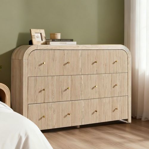 Modern 6 Drawer Dresser, Fluted Design with Thickened Curved Profile, 54" Wide Wood Storage Organizer for Bedroom, Living Room, Hallway Natural Oak