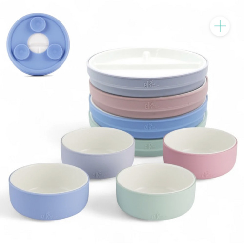 Kids Porcelain Mealtime Bundle | Suction Sleeves | 6.7" Plates + Bowls | 8 Pcs | Blush/Lilac/Sage/Misty Blue