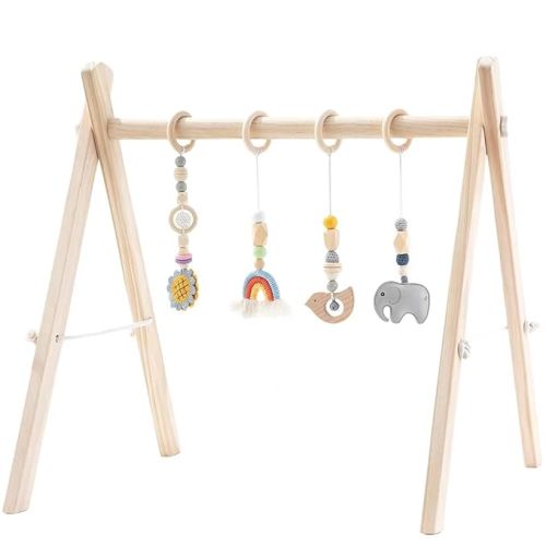 Foldable Wooden Baby Play Gym with 4 Sensory Hanging Toys, Montessori Infant Activity Frame for 0-12 Months | Solid pine safe gym with 4 sensory teething toys, foldable stable frame, boho nursery decor & perfect baby shower gift
