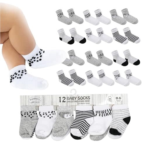 Baby Socks 0-6 Months - 12 Pairs, Organic Cotton Infant Socks, Unisex, Soft & Hypoallergenic Newborn Socks, (US, Age, 0 Months, 6 Months, 12, Gray - White)