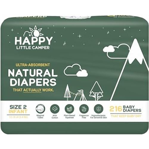Happy Little Camper Ultra-Absorbent Hypoallergenic Natural Disposable Baby Diapers, Chlorine-Free Protection for Sensitive Skin, Infant, Size 2, 216 Count