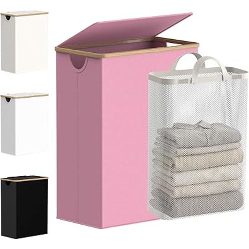 efluky Slim Laundry Basket with Lid, Narrow Laundry Hamper with Removable Bag, Skinny Dirty Clothes Basket with Bamboo Handles for Bathroom, Bedroom & Laundry Room, 65L Pink