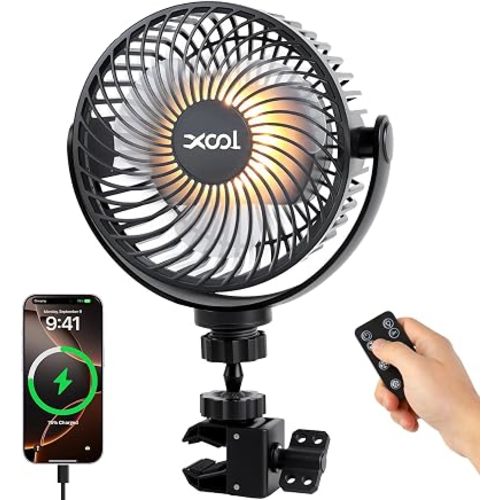 XOOL 12000mAh Rechargeable Clip Car Fan, 6-Inch Battery Operated Car Fan with 3 Speeds & 3 Brightness LED Light, Portable Cooling Fan with Sturdy Clamp for SUV, RV, Golf Cart, Camping