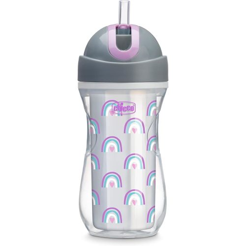 Chicco Double Wall Insulated Flip-Top Sippy Cup with Silicone Straw and Spill-Free Lid 9oz. | Top-Rack Dishwasher Safe | Easy to Hold with Ergonomic Indents | Rainbow Silver/Purple | 12+ months