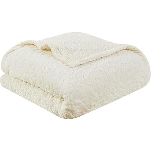 Woolrich Burlington Berber Blanket Super Soft, Cozy Lightweight Cover with Luxurious Velvet Binding, Modern Trendy All Season Bedspread Bedding-Set, Full/Queen: 90x90, Ivory