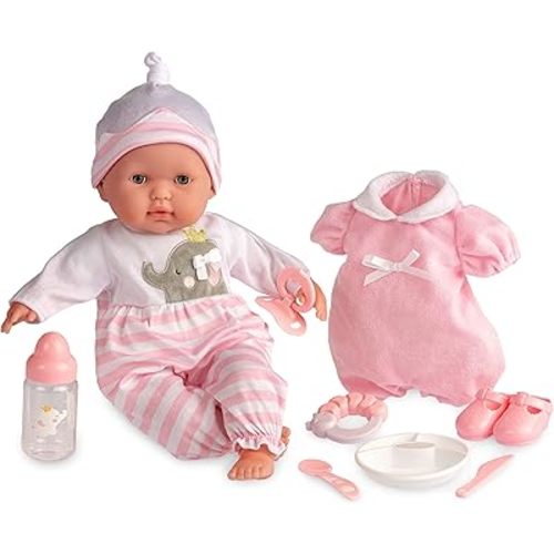 15" Realistic Soft Body Baby Doll with Open/Close Eyes | JC Toys - Berenguer Boutique | 10 Piece Gift Set with Bottle, Rattle, Pacifier & Accessories | Pink | Ages 2+