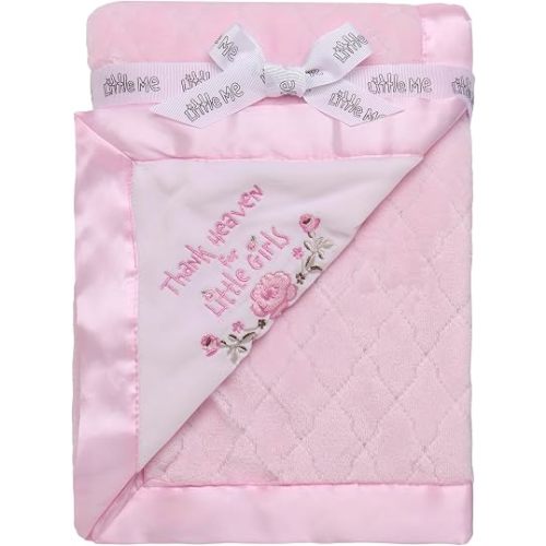 Little Me 2-Ply Baby Blanket with Thank Heaven for Little Girls Embroidery and Satin (Pink, 30 in. x 40 in.)