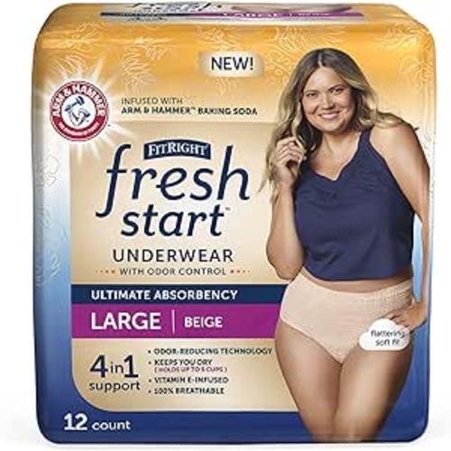 Amazon.com: FitRight Fresh Start Urinary and Postpartum Incontinence Underwear for Women, Large, Beige, Ultimate Absorbency, with The Odor-Control Power of ARM & Hammer Baking Soda (12 Count, Pack of 1) : Health & Household