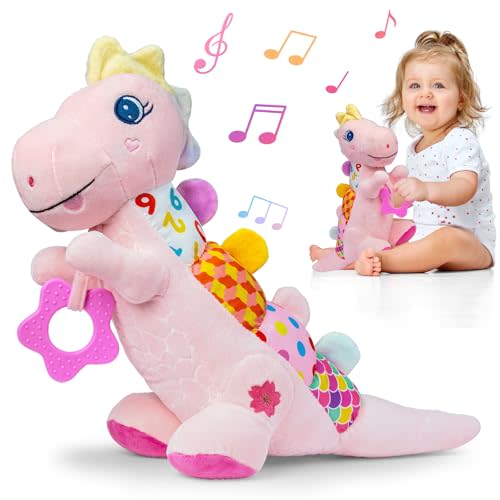 Baby Dino Plush Soft Stuffed Animal Toy for 0-3-6-15+ Months,Infant Musical Toy with Rattle,Squeaker,Sensory Crinkle,Teether & Textures,Tummy Time Toy Christmas Baby Gift for Newborn Girl(Pink)