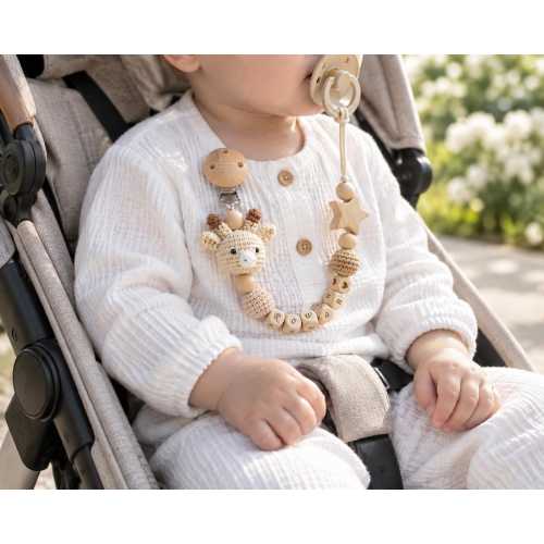 Crochet Animal Pacifier Clip with Custom Name and Wooden Letter Beads