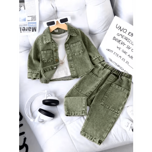 baby boys green denim jacket denim pants 2pcs - Temu