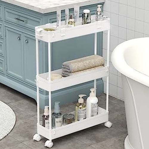 SPACELEAD Slim Storage Cart,3 Tier Bathroom Rolling Utility Cart Slide Out Cart, Mobile Shelving Unit Organizer Trolley for Office Bathroom Kitchen Laundry Room Narrow Places, White