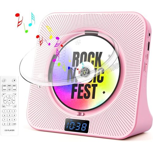 Desktop CD Player with Speakers, ROADOM Bluetooth CD Player with Hi-Fi Stereo Sound, Remote Control, Supports CD/Bluetooth/FM Radio/USB/AUX/Timer/Repeat