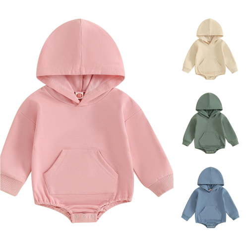 RMGVDSD Newborn Baby Boys Girls Hooded Romper Solid Color Pocket Long Sleeve Hoodie Sweatshirt Bodysuit One-Piece Fall Winter Outfit 12-18 Months