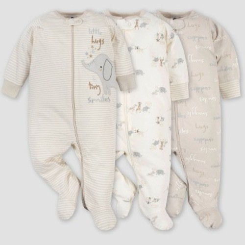 Gerber Baby 3pk Safari Zip-Front Sleep N' Play - Gray 0-3M