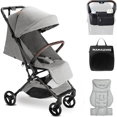 MAMAZING Lightweight Baby Travel Stroller with Carbon Fiber Frame, Compact & Airplane-Friendly, One-Handed Folding Design, 11.6 lbs, Perfect for Toddlers, Organizer & Cushion Included, Grey