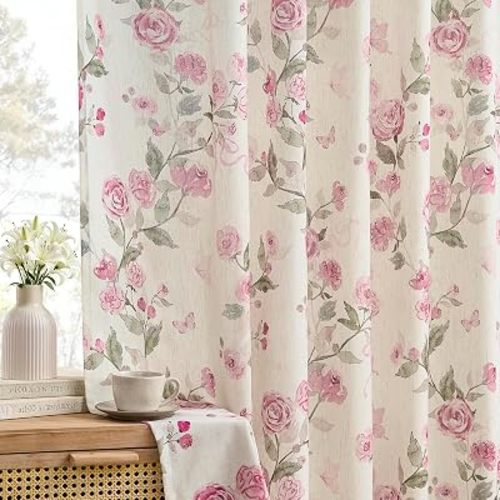 Vintage Floral Curtains 52x84, Pink Rose Cottagecore Curtains, 2 Panels