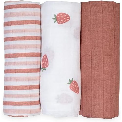 lulujo Baby Receiving Blanket| Unisex Softest 100% Cotton Muslin Blanket| Neutral Receiving Blanket for Girls & Boys | 28in x 28in | Baby Gift| Strawberries