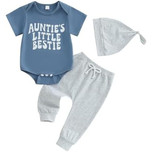 SAYOO Aunties Bestie Baby Clothes Gender Neutral Unisex Funny Letter Bodysuit Romper Solid Leggings Pants Hat 3Pcs Outfits