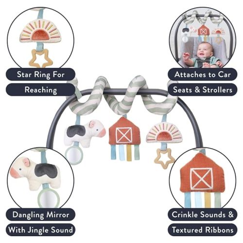 Itzy Ritzy Spiral Car Seat & Stroller Activity Toy; Includes Dangling Ring, Mirror and Textured Ribbons; Farm