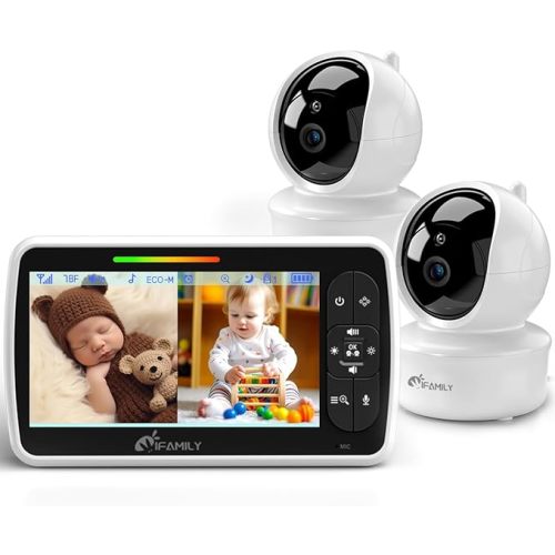 iFamily Split Screen Baby Monitor, Large Display Video Baby Monitor with 2 Cameras and Audio, Long Range, Remote pan tilt, Night Vision, Temperature Sensor, 2 Way Talk, Feeding Clock and lullabies.