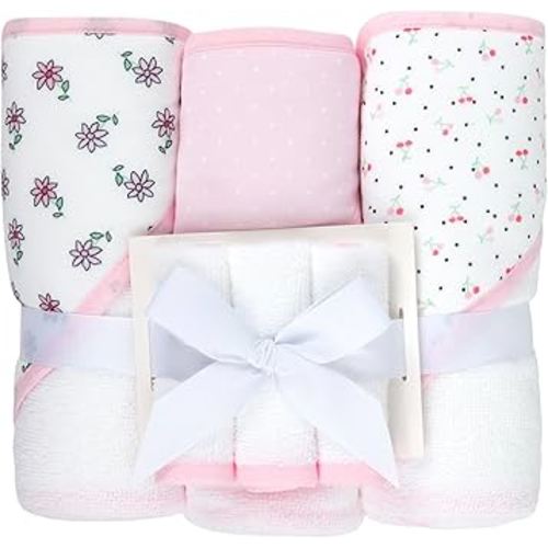 Jessica Simpson Baby 6-Piece Hooded Towel & Washcloth Set – Soft Polyester Bath Towels – Pink Stars & Hearts Design