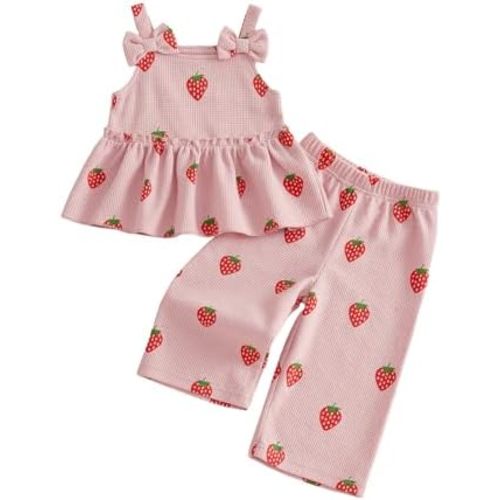 VISGOGO Infant Toddler Baby Girl Floral Outfit Sleeveless Waffle Cami Tank Ruffle Tops Wide Pants Summer Clothes