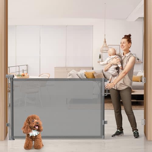 76" Retractable Baby Gates Extra Wide, Mesh Long Dog Gate for Deck | Indoor Outdoor Stair Gate for Wide Openings Doorways Hallways Porch, Child Pet Safety Essentials for Home, Gray