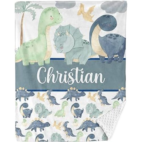 Dinosaur Personalized Baby Blanket Custom Dotted Backing with Name 35x45in Nursery Blankets Gifts for Newborn Baby Boy and Girl Custom Baby Blanket Newborn Holiday Shower Gift