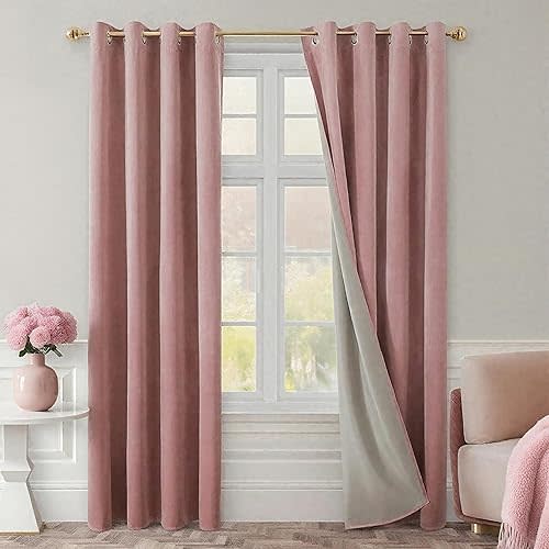 HOMEIDEAS Blush Pink Full Blackout Velvet Curtains,52 X 96 Inch Room Darkening Thermal Insulated Grommet Window Drapes for Bedroom, Living Room, 2 Panels