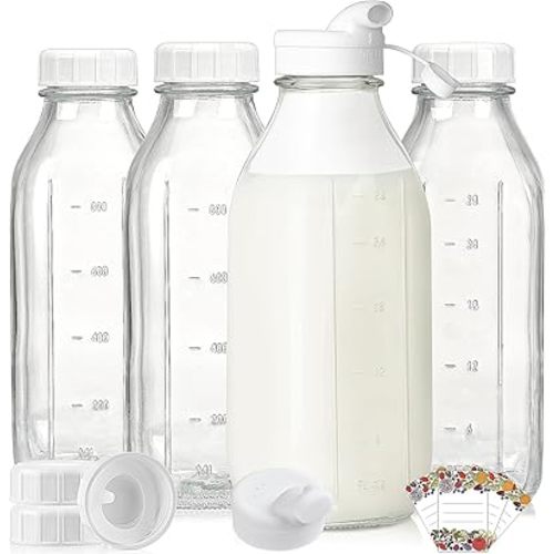 Liter Milk Container for Fridge w Scale and 2 Pour Spouts, 100% Airtight Lid - 4 Pack 32 Oz Glass Bottles w Lids - Juice Jugs for Almond Milk, Honey, Yogur - Dishwasher Safe,(Extra 2 Lids)