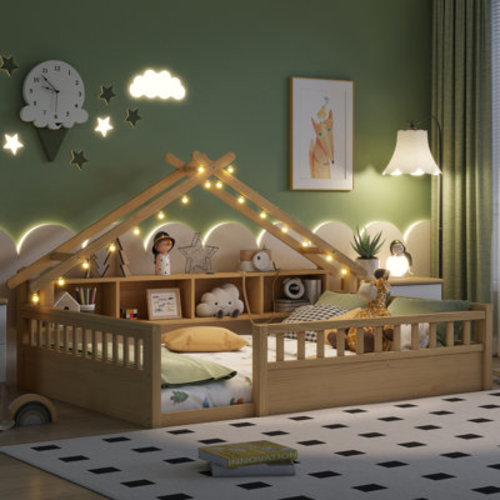Ebern Designs Full Size Floor Bed with Light, Wood Floor Bed with Storage Bookshelves, Floor Bed with Roof Shape for Kids,Natural | Wayfair
