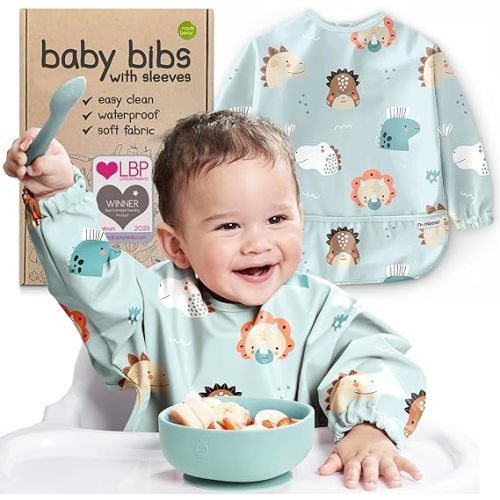 Waterproof Smock Baby Bibs for Eating (Boy or Girl 6-24 Months) - Toddler Long Sleeve Bib for Baby Led Weaning