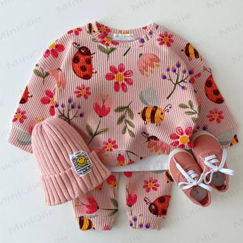 Baby Pink Flower and Insect Print Waffle 2-piece Set